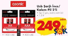 ASONİC USB ŞARJLI İNCE/KALEM PİL 2'Lİ ASONİC USB ŞARJLI İNCE/KALEM PİL 2'Lİ